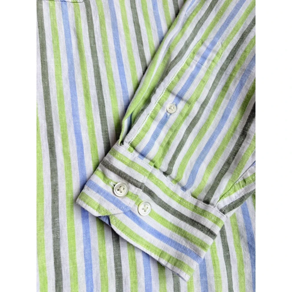 Banana Republic Mens L Linen Striped Button Front Shirt Long Sleeve Green Blue